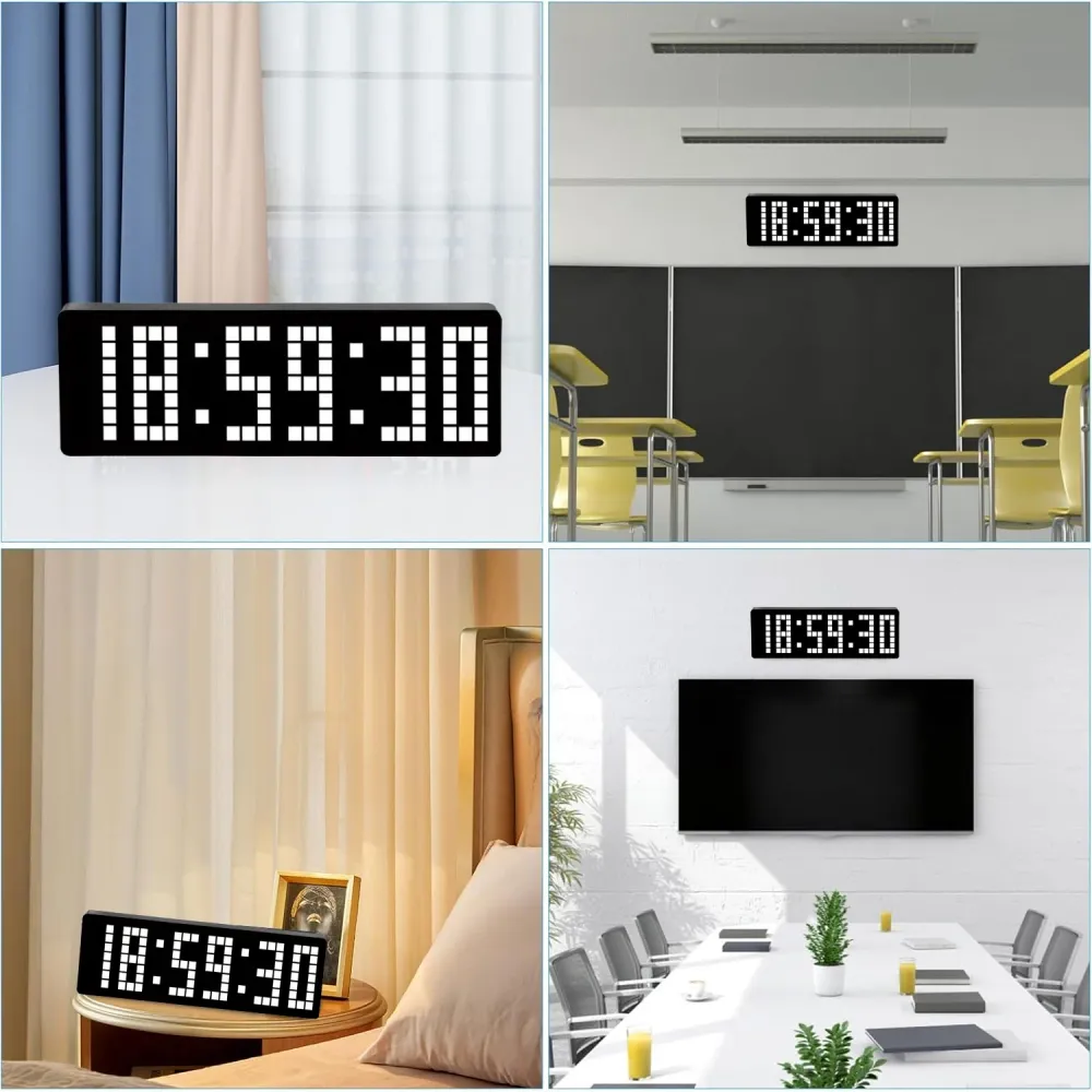 Ceas Digital de Masă și Perete 32cm cu LED Alb – Cronometru, Timer, Calendar, Alarmă, Termometru și Funcție Snooze, Teleco...