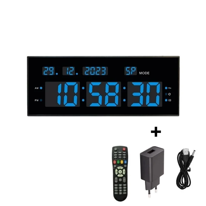Ceas Digital de Masă și Perete 32x12cm cu Cronometru, Timer, Alarmă și Lumina LED Albastră – Afișaj cu Calendar și Luminoz...