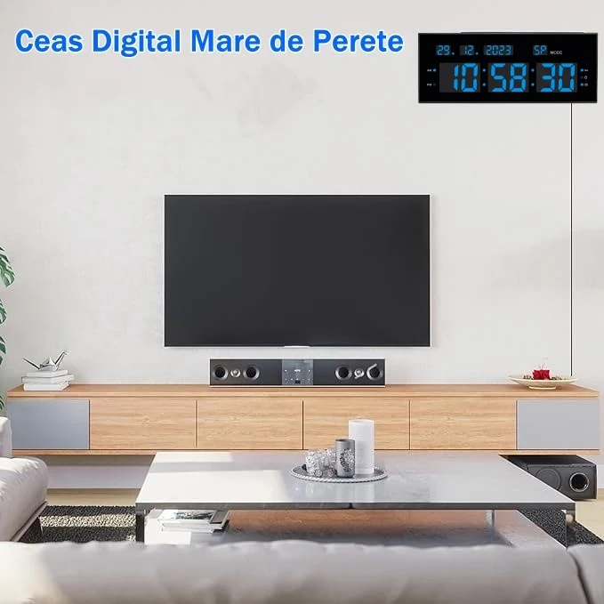Ceas Digital de Masă și Perete 32x12cm cu Cronometru, Timer, Alarmă și Lumina LED Albastră – Afișaj cu Calendar și Luminoz...