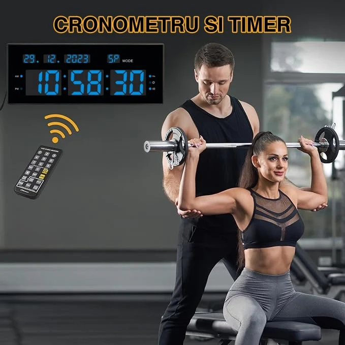 Ceas Digital de Masă și Perete 32x12cm cu Cronometru, Timer, Alarmă și Lumina LED Albastră – Afișaj cu Calendar și Luminoz...