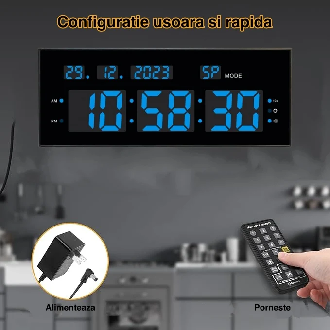 Ceas Digital de Masă și Perete 32x12cm cu Cronometru, Timer, Alarmă și Lumina LED Albastră – Afișaj cu Calendar și Luminoz...