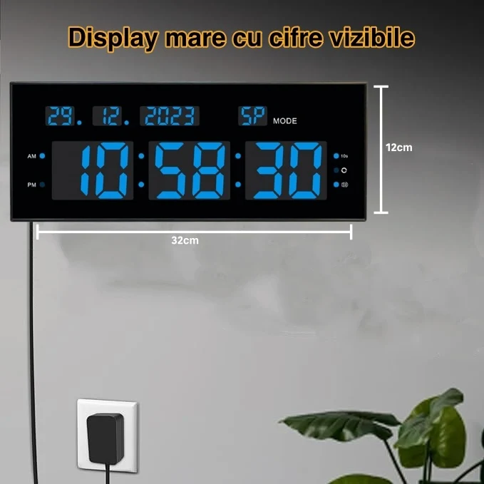 Ceas Digital de Masă și Perete 32x12cm cu Cronometru, Timer, Alarmă și Lumina LED Albastră – Afișaj cu Calendar și Luminoz...