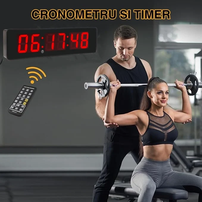 Ceas Digital de Masă și Perete 34x9cm cu LED Roșu – Cronometru, Timer, Alarmă și Luminozitate Ajustabilă pentru Birou sau...