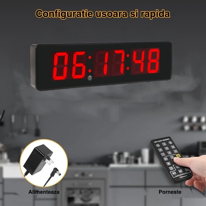 Ceas Digital de Masă și Perete 34x9cm cu LED Roșu – Cronometru, Timer, Alarmă și Luminozitate Ajustabilă pentru Birou sau...