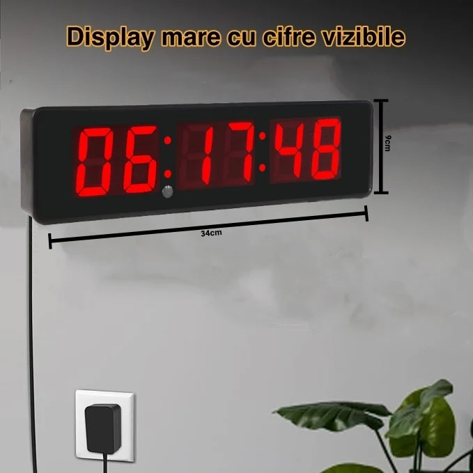 Ceas Digital de Masă și Perete 34x9cm cu LED Roșu – Cronometru, Timer, Alarmă și Luminozitate Ajustabilă pentru Birou sau...