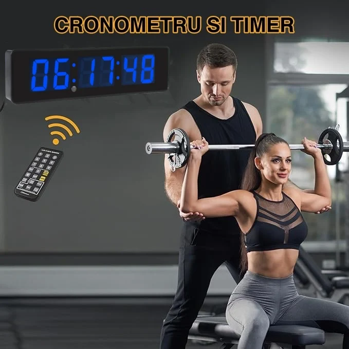 Ceas Digital de Masă și Perete 34x9cm cu LED Albastru – Cronometru, Timer și Alarmă cu Luminozitate Ajustabilă pentru Biro...