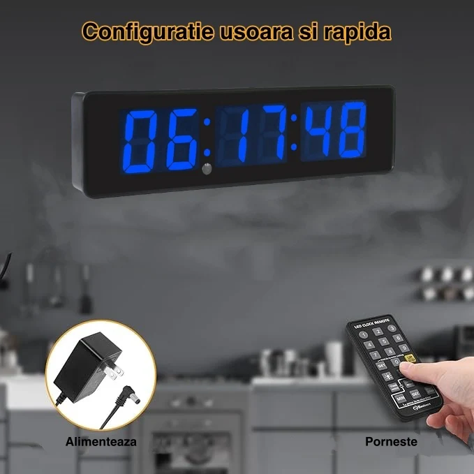 Ceas Digital de Masă și Perete 34x9cm cu LED Albastru – Cronometru, Timer și Alarmă cu Luminozitate Ajustabilă pentru Biro...
