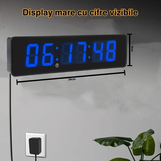 Ceas Digital de Masă și Perete 34x9cm cu LED Albastru – Cronometru, Timer și Alarmă cu Luminozitate Ajustabilă pentru Biro...