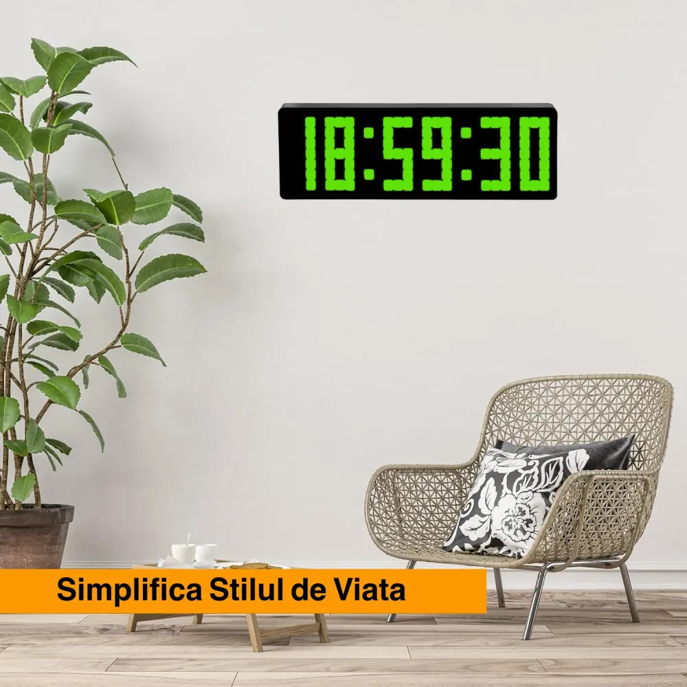 Ceas Digital de Masă și Perete cu Afișaj LED Verde, Cronometru, Timer, Calendar, Alarmă și Termometru – Funcție Snooze, Te...