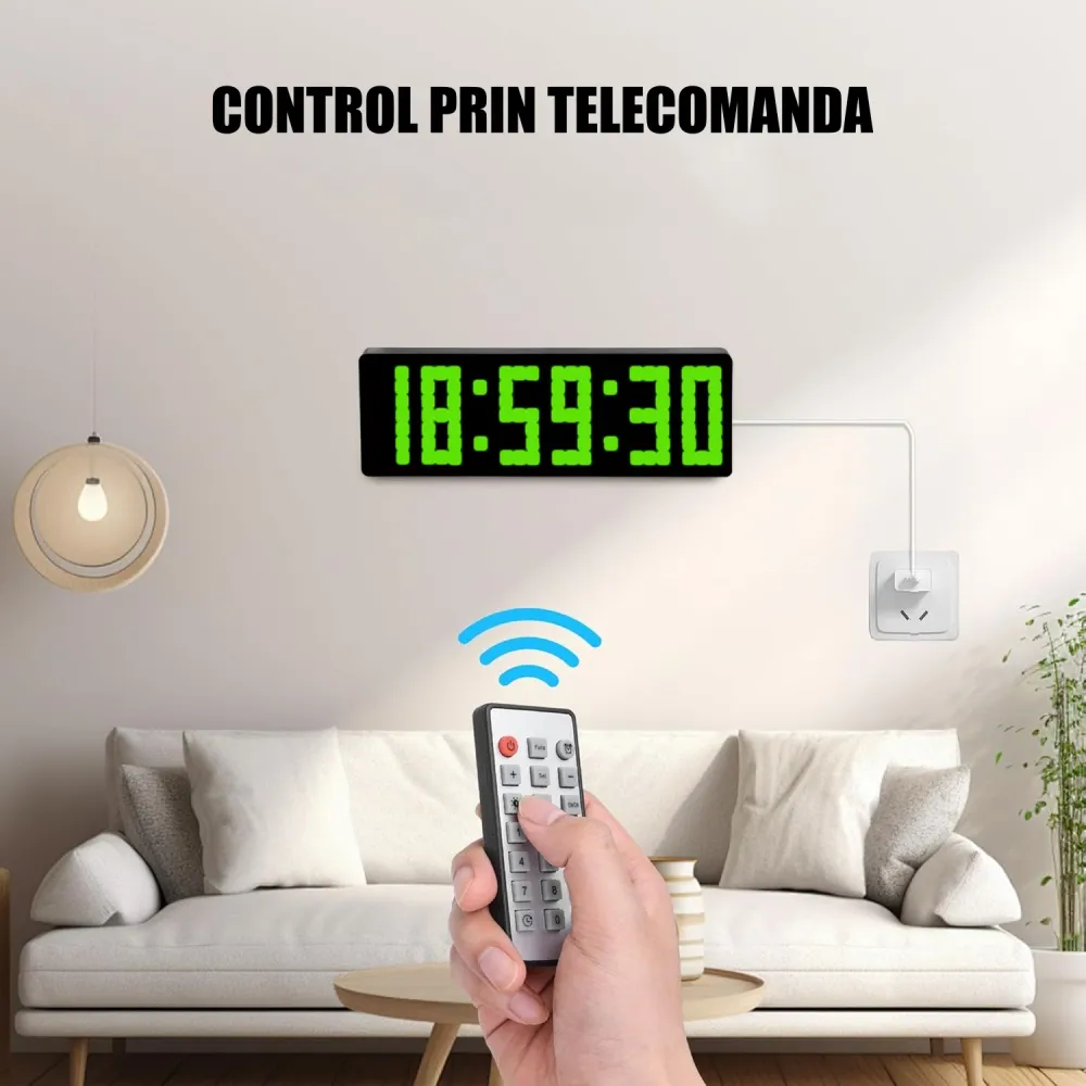 Ceas Digital de Masă și Perete cu Afișaj LED Verde, Cronometru, Timer, Calendar, Alarmă și Termometru – Funcție Snooze, Te...