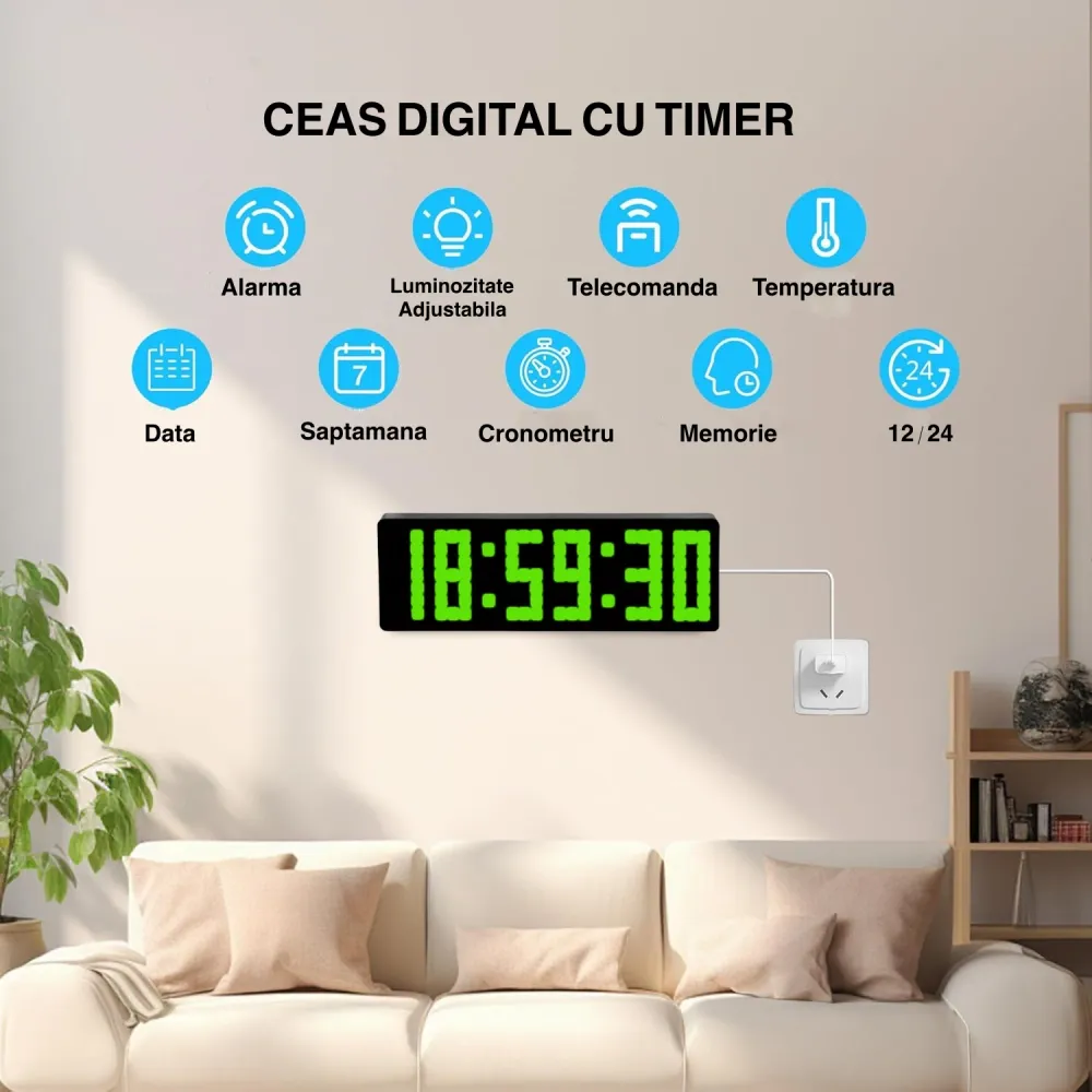 Ceas Digital de Masă și Perete cu Afișaj LED Verde, Cronometru, Timer, Calendar, Alarmă și Termometru – Funcție Snooze, Te...