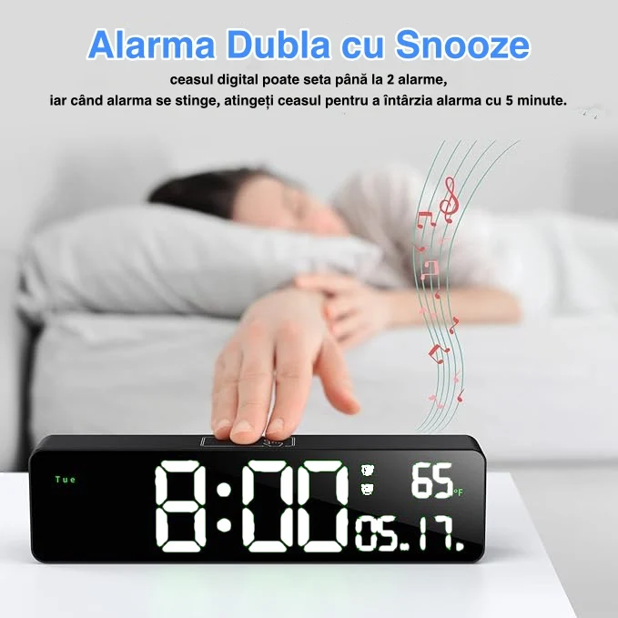 Ceas Digital de Masă și Perete cu LED Alb – Cronometru, Timer, Alarma, Funcție Snooze, Temperatură și Luminozitate Ajustab...