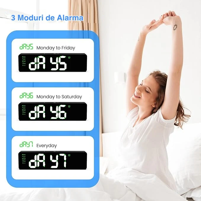 Ceas Digital de Masă și Perete cu LED Alb – Cronometru, Timer, Alarma, Funcție Snooze, Temperatură și Luminozitate Ajustab...