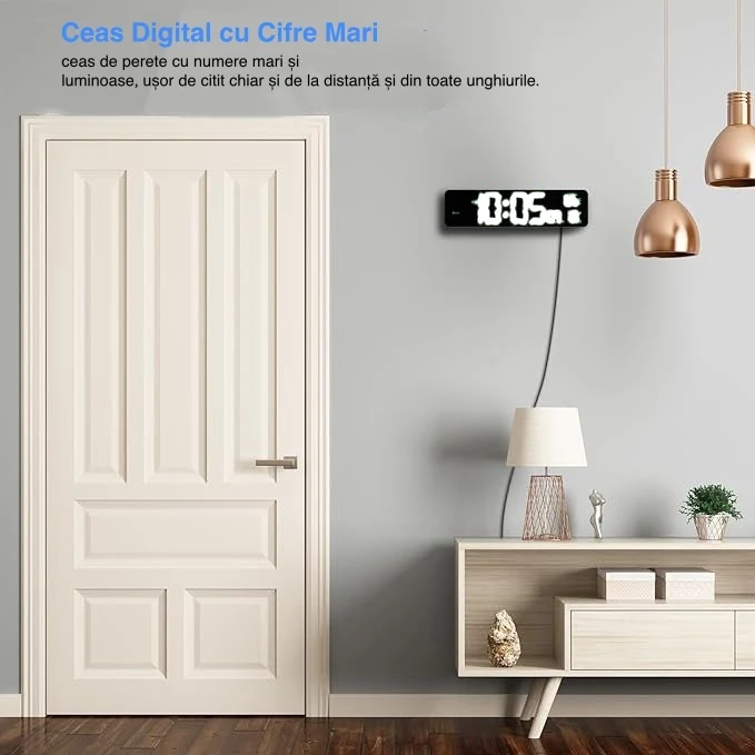 Ceas Digital de Masă și Perete cu LED Alb – Cronometru, Timer, Alarma, Funcție Snooze, Temperatură și Luminozitate Ajustab...