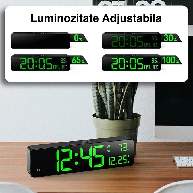 Ceas Digital de Masă și Perete cu LED Alb – Cronometru, Timer, Alarma, Funcție Snooze, Temperatură și Luminozitate Ajustab...