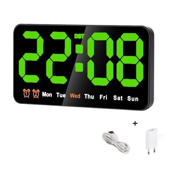 Ceas Digital de Masă și Perete cu LED Verde – Alarma, Calendar, Temperatura, Snooze și Mod de Noapte, Dimensiuni 11x21cm p...