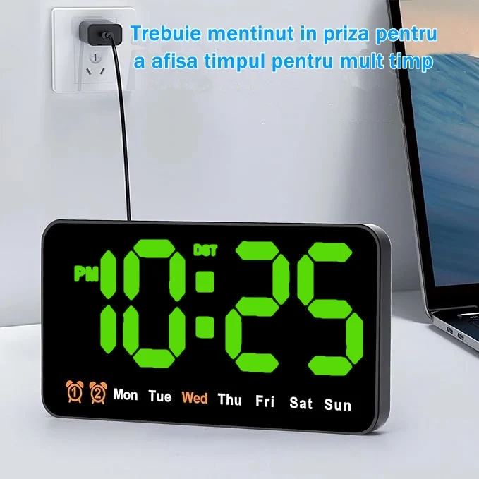Ceas Digital de Masă și Perete cu LED Verde – Alarma, Calendar, Temperatura, Snooze și Mod de Noapte, Dimensiuni 11x21cm p...