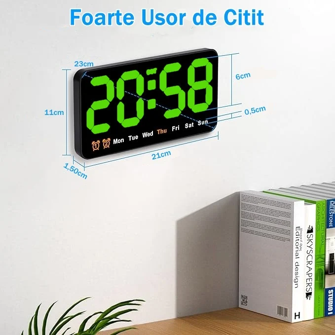 Ceas Digital de Masă și Perete cu LED Verde – Alarma, Calendar, Temperatura, Snooze și Mod de Noapte, Dimensiuni 11x21cm p...