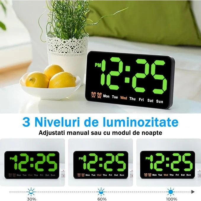 Ceas Digital de Masă și Perete cu LED Verde – Alarma, Calendar, Temperatura, Snooze și Mod de Noapte, Dimensiuni 11x21cm p...