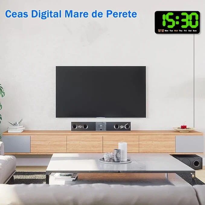 Ceas Digital de Masă și Perete cu LED Verde – Alarma, Calendar, Temperatura, Snooze și Mod de Noapte, Dimensiuni 11x21cm p...