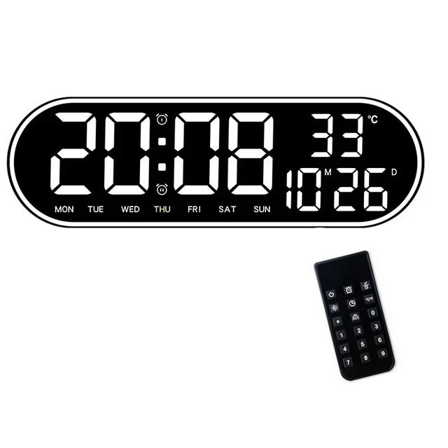Ceas Digital de Masă și Perete Oval 38cm cu LED Alb, Calendar, Cronometru, Termometru, 2 Alarme și Funcție Snooze – Afișaj...
