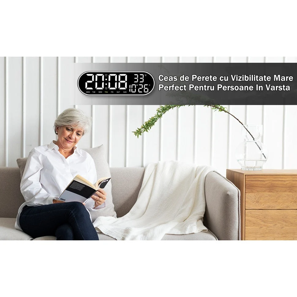 Ceas Digital de Masă și Perete Oval 38cm cu LED Alb, Calendar, Cronometru, Termometru, 2 Alarme și Funcție Snooze – Afișaj...