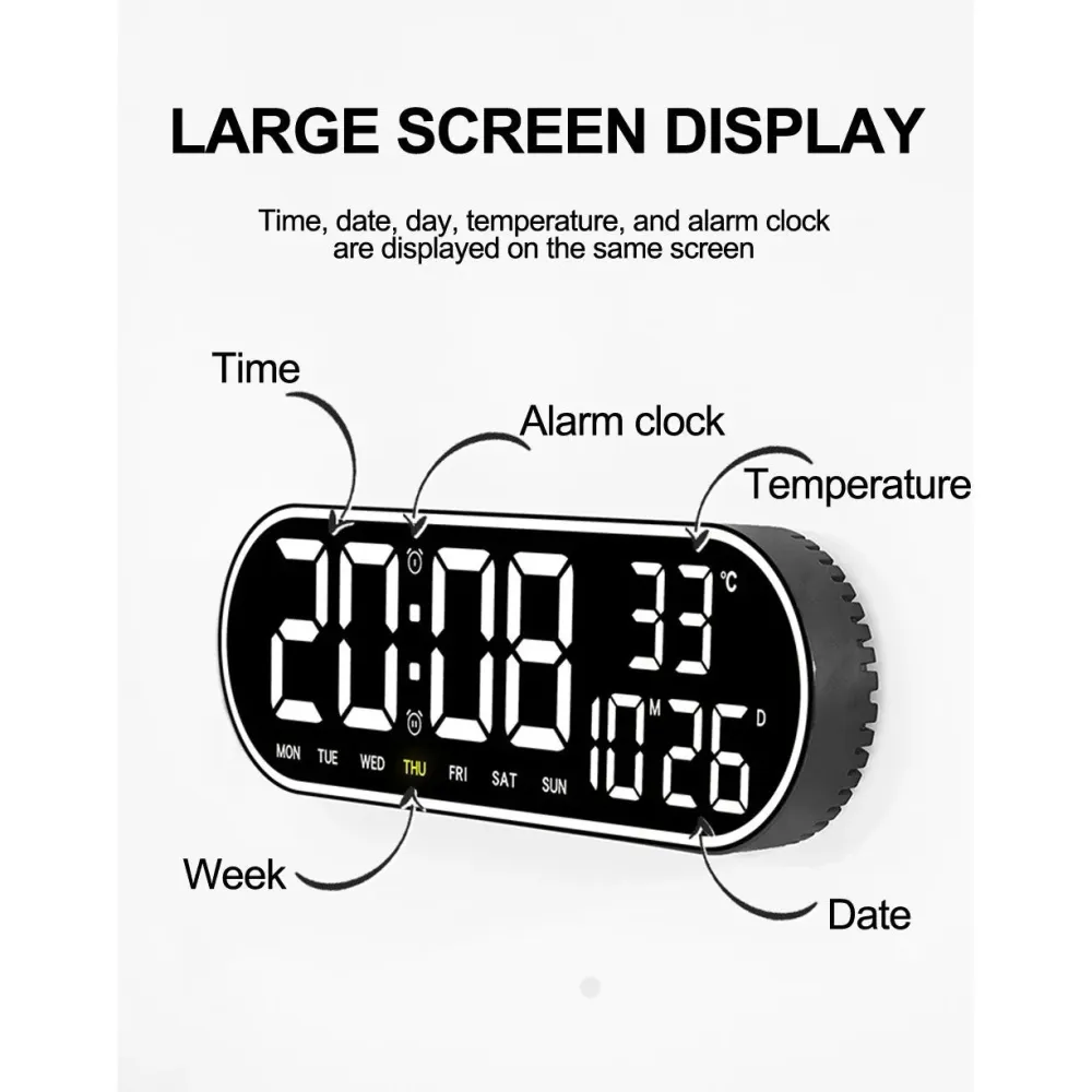Ceas Digital de Masă și Perete Oval 38cm cu LED Alb, Calendar, Cronometru, Termometru, 2 Alarme și Funcție Snooze – Afișaj...