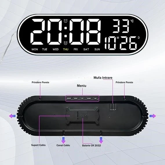 Ceas Digital de Masă și Perete Oval 38cm cu LED Alb, Calendar, Cronometru, Termometru, 2 Alarme și Funcție Snooze – Afișaj...