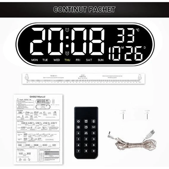 Ceas Digital de Masă și Perete Oval 38cm cu LED Alb, Calendar, Cronometru, Termometru, 2 Alarme și Funcție Snooze – Afișaj...