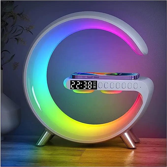 Ceas Digital cu Încărcare Wireless și Boxă Bluetooth RGB – Ecran LED Alb cu Funcție de Apel, Luminozitate Reglabilă și Alarmă
