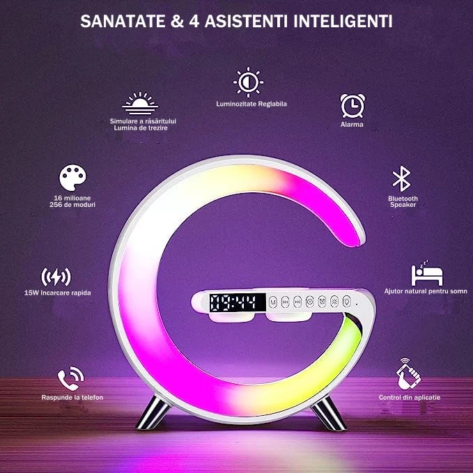 Ceas Digital cu Încărcare Wireless și Boxă Bluetooth RGB – Ecran LED Alb cu Funcție de Apel, Luminozitate Reglabilă și Alarmă