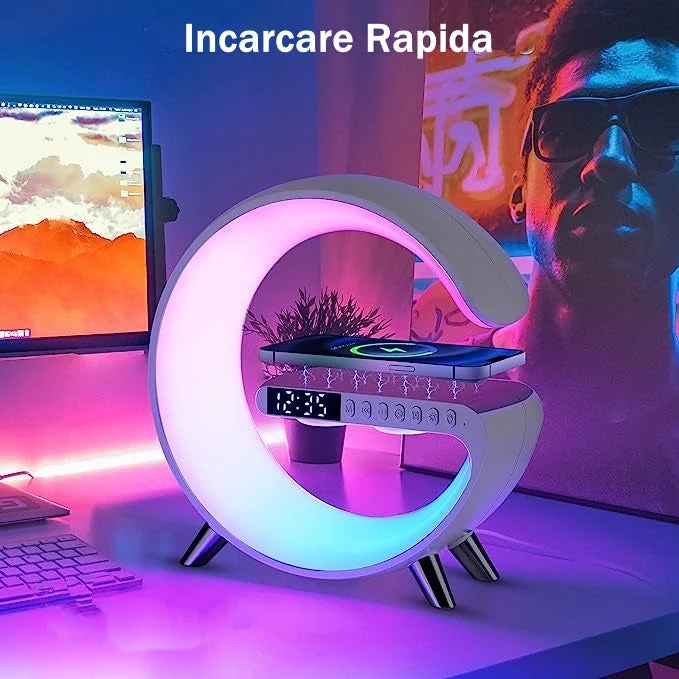 Ceas Digital cu Încărcare Wireless și Boxă Bluetooth RGB – Ecran LED Alb cu Funcție de Apel, Luminozitate Reglabilă și Alarmă