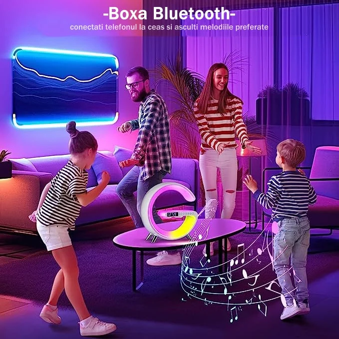 Ceas Digital cu Încărcare Wireless și Boxă Bluetooth RGB – Ecran LED Alb cu Funcție de Apel, Luminozitate Reglabilă și Alarmă