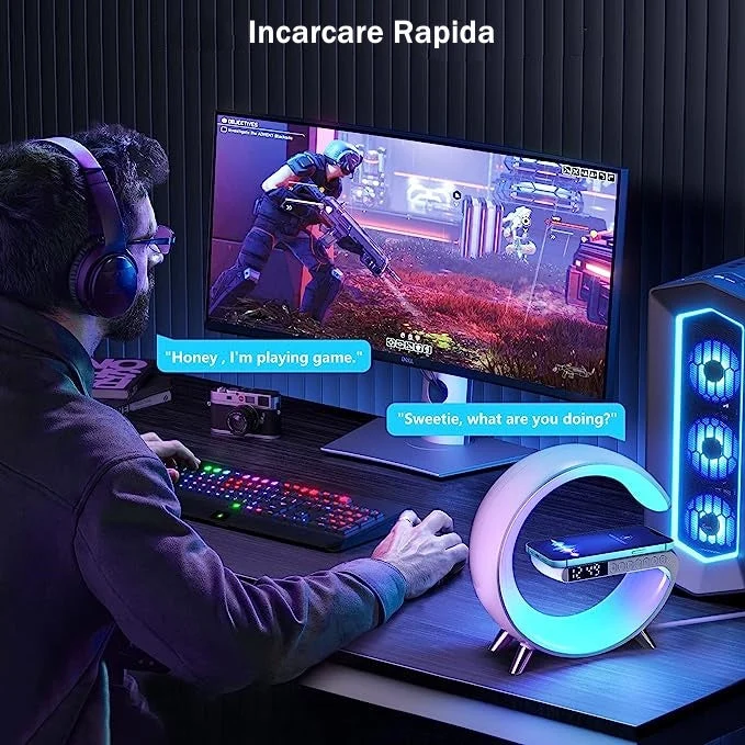 Ceas Digital cu Încărcare Wireless și Boxă Bluetooth RGB – Ecran LED Alb cu Funcție de Apel, Luminozitate Reglabilă și Alarmă