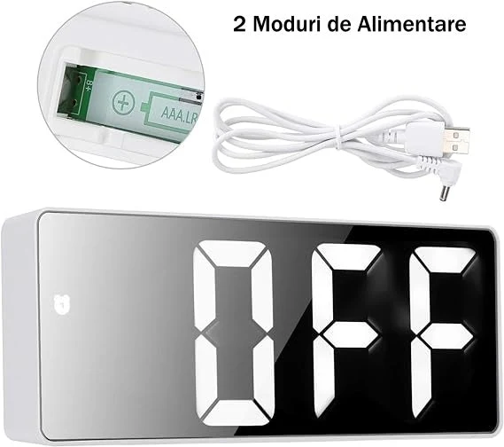 Ceas Electronic de Masă cu LED Albastru, Termometru, Alarmă și Comandă Vocală – Dimensiuni 160x60x25mm, Adaptor Inclus, De...