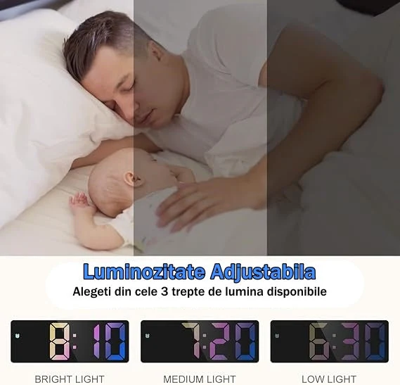 Ceas Electronic de Masă cu LED RGB – Afișaj cu Temperatura, Alarmă și Comandă Vocală, Dimensiuni 160 x 60 x 25 mm, Culoare...