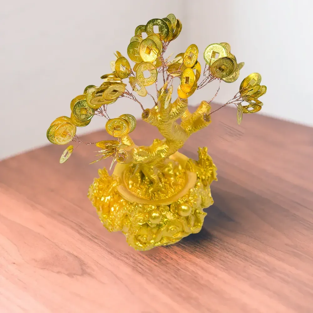 Copac Feng Shui cu Monede Aurii, Suport Ceramic, Naimeed D4635, Inaltime 17cm