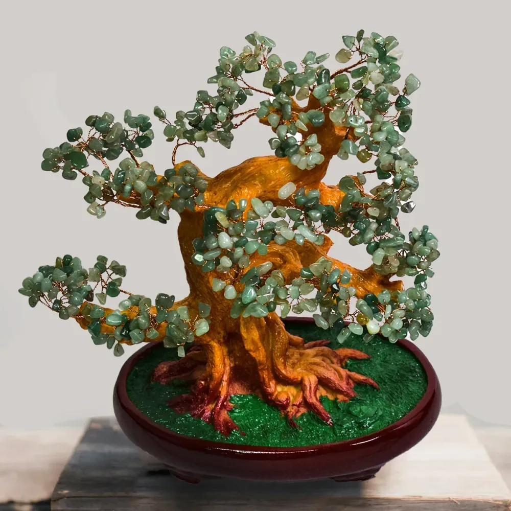 Copacel Feng Shui cu Pietre de Aventurin, Suport Ceramic, Naimeed, D4625-Verde, Inaltime 30cm