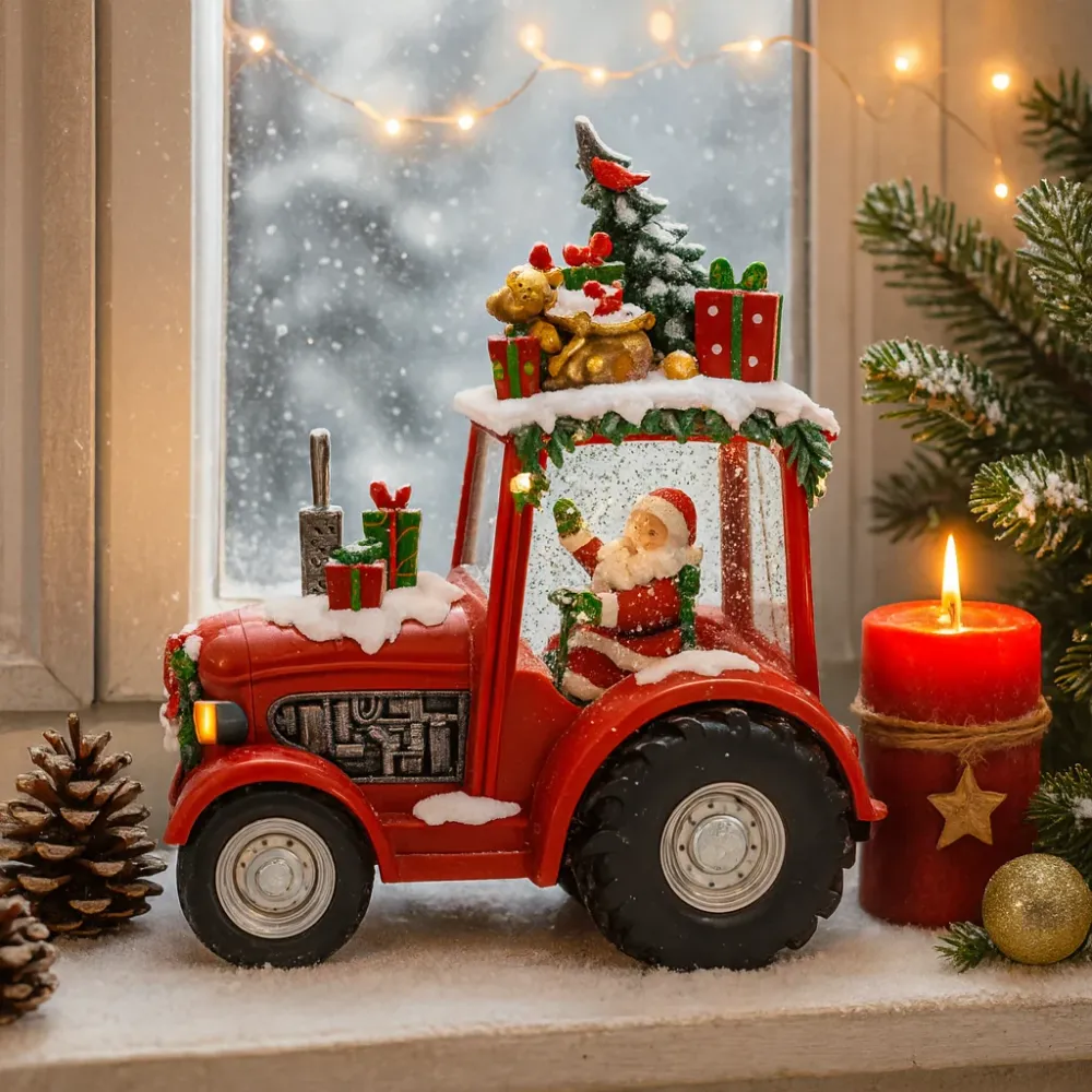 Decoratiune Craciun tip Tractor cu Mos Craciun, brad si cadouri, functie muzicala, zapada miscare, 25 × 13 × 21 cm