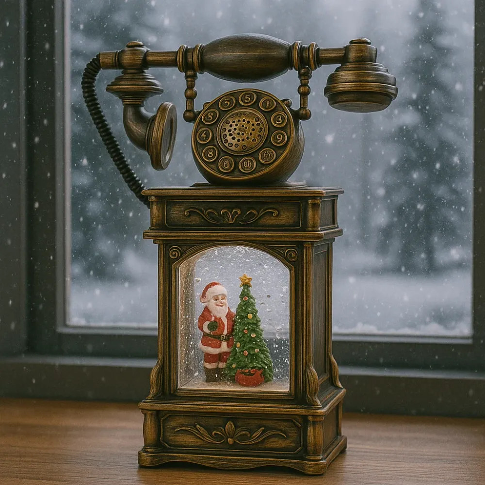 Decoratiune premium Nostalgic Phone, cu functii muzicale, lumina LED si zapada miscare, Taina sosirii lui Mos Craciun, Mar...
