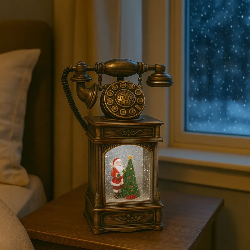 Decoratiune premium Nostalgic Phone, cu functii muzicale, lumina LED si zapada miscare, Taina sosirii lui Mos Craciun, Mar...