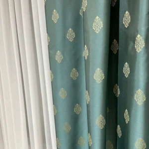 Draperie TS Baroc, tafta, verde mentă cu model auriu clasic baroc