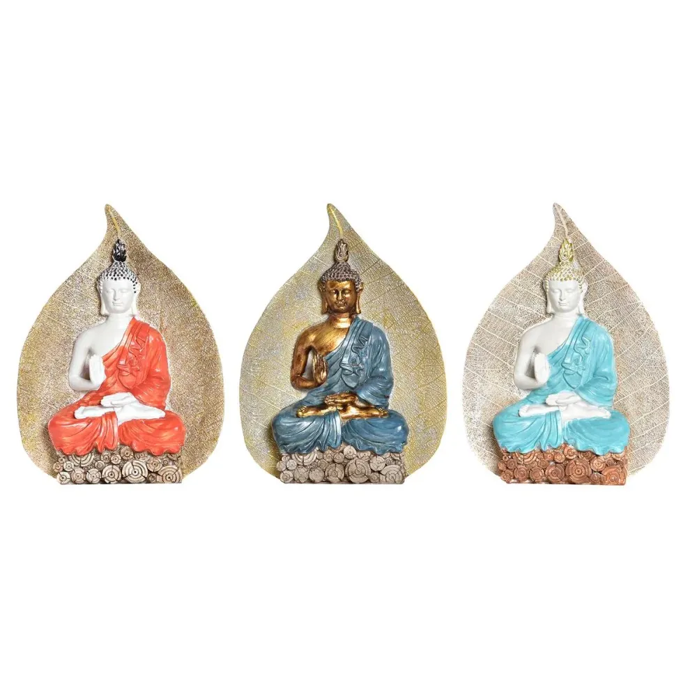 Figură Decorativă DKD Home Decor Albastru Roșu Portocaliu Auriu* Buda Oriental 15,5 x 5 x 20,7 cm (3 Piese)