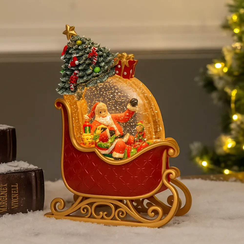 Lampa decorativa Craciun cu Mos Craciun sanie, lumina si 8 melodii festive