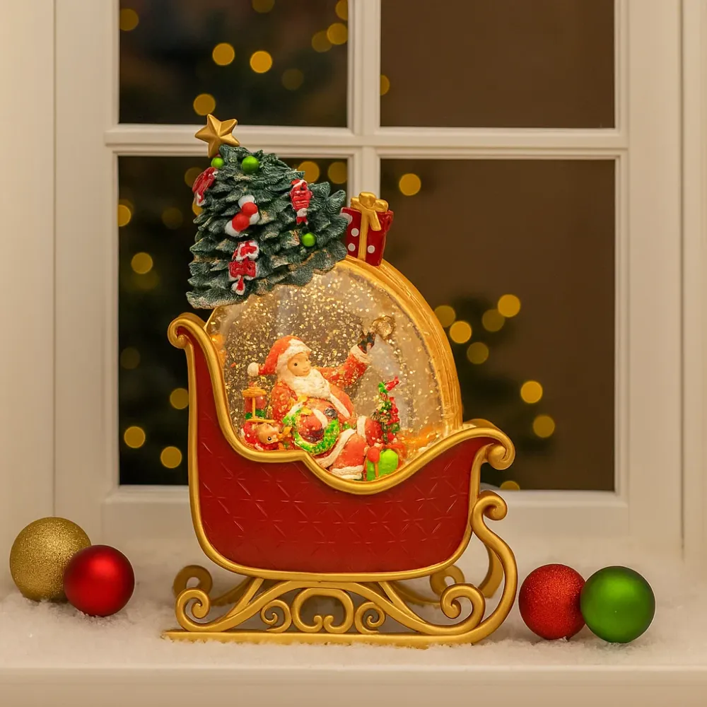 Lampa decorativa Craciun cu Mos Craciun sanie, lumina si 8 melodii festive