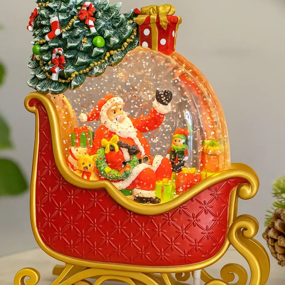 Lampa decorativa Craciun cu Mos Craciun sanie, lumina si 8 melodii festive