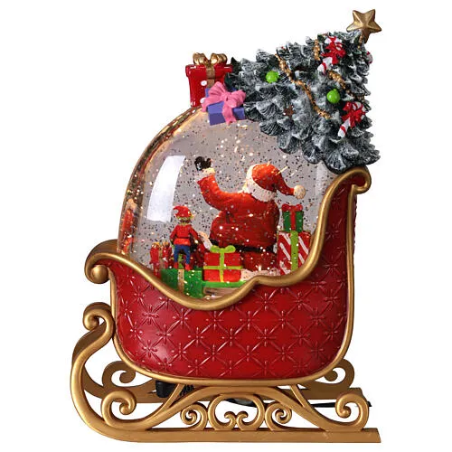 Lampa decorativa Craciun cu Mos Craciun sanie, lumina si 8 melodii festive
