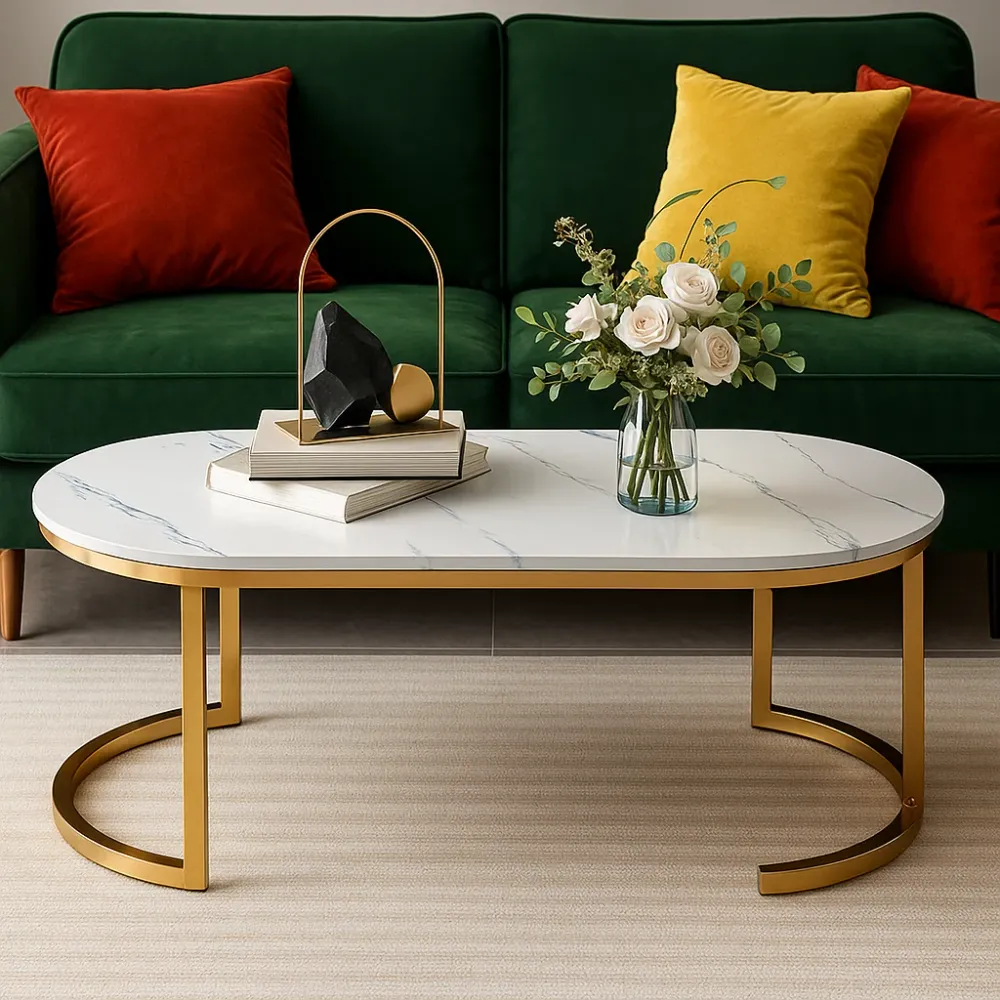Masuta de cafea ovala, minimalista, design nordic, aspect marmura alba, 120 x 60 x 45 cm