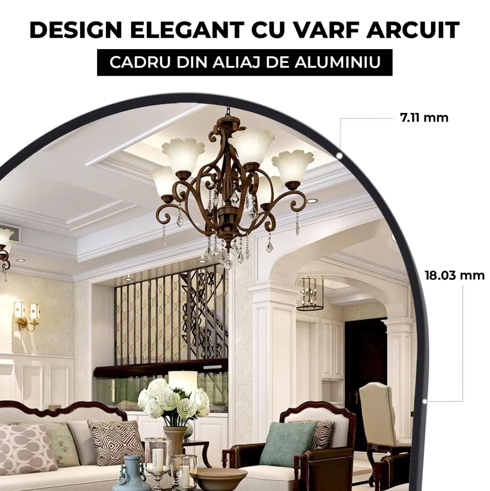 Oglinda Elindor® Cadru din Aluminiu, 150x40 Cm, Design Arcada, Modern, Montaj pe Perete sau Podea, Ideala pentru Dormitor,...
