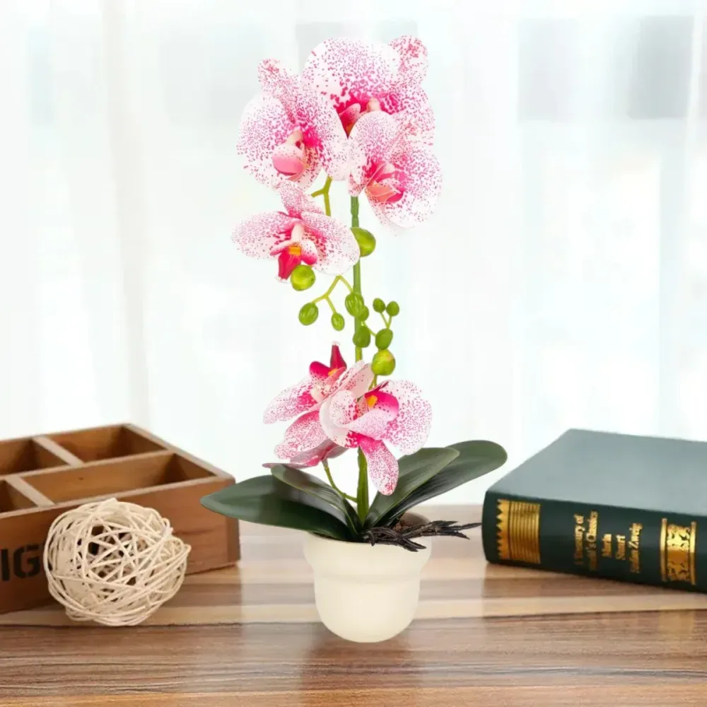 Orhidee cu aspect natural ghiveci ceramic, 49 cm, Naimeed D6898, Roz/Alb